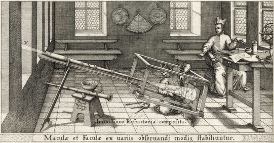 Scheiner165 Der Jesuit Christroph Scheiner beobachtet 1625 Sonneflecken mit einem Teleskop, das auf einen Schirm gerichtet ist.